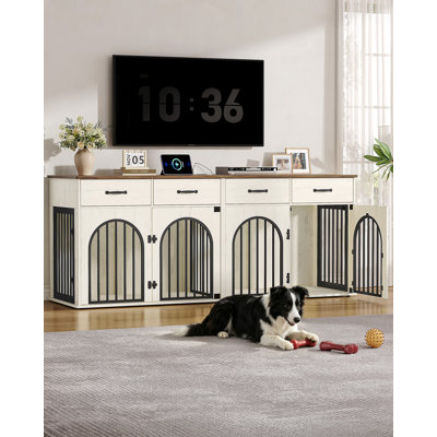 Meuble pour chien 77,6 po pour 2 chiens, cage double pour chien, chenil robuste avec 4 tiroirs, meuble télé en bois avec diviseur et Power pour chiens de race moyenne / brune, brun