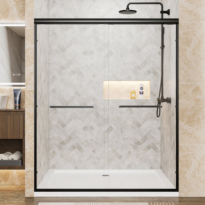 Aluminum Frame Double Sliding Shower Door, Tempered Glass Shower Door With Explosion-Proof Film And Stainless Steel Handles