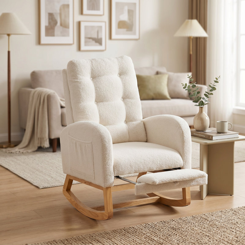 Chaise berçante d'appoint rembourrée à haut dossier avec repose-pieds et poche de rangement pour le salon, Beige