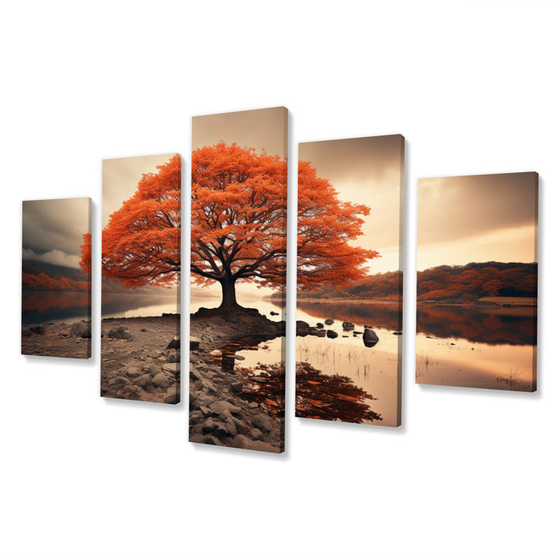 «Coral Tree Autumn Whispers II - Landscape Trees», reproduction d'art sur toile - 5 panneaux