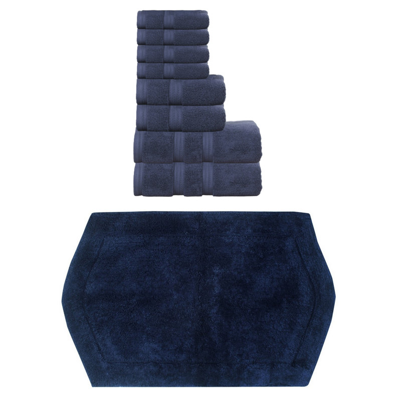 Bryd Collection 100% Soft Cotton Towel Set & 1 Pc Bath Rug, Navy, 8 Piece Towel Set & 1 Piece 17"x24" Bath Rug
