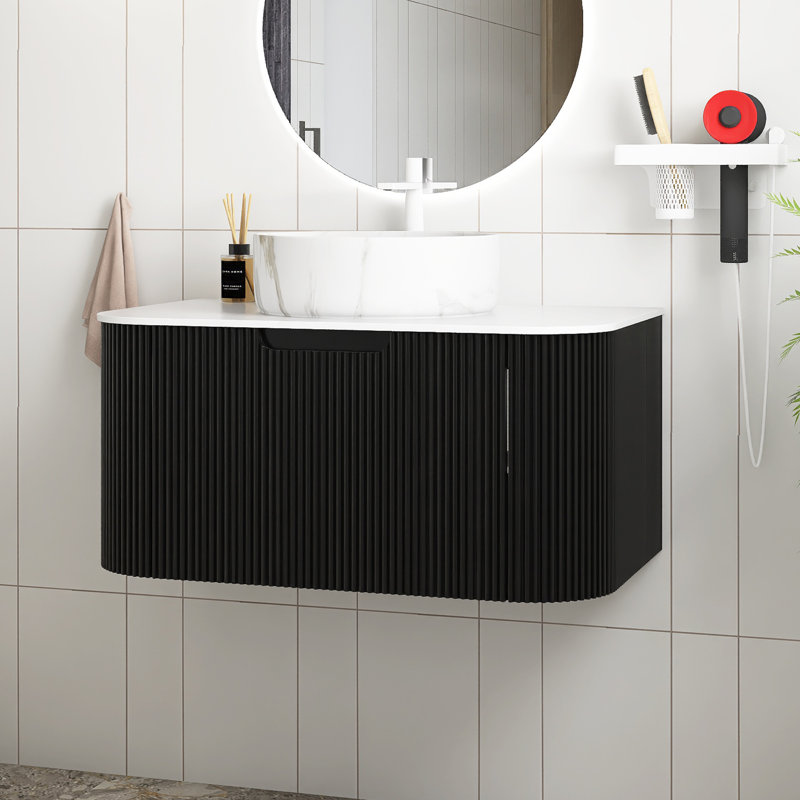 Meuble-lavabo mural avec plateau et tiroir, 30", Noir, Marbre