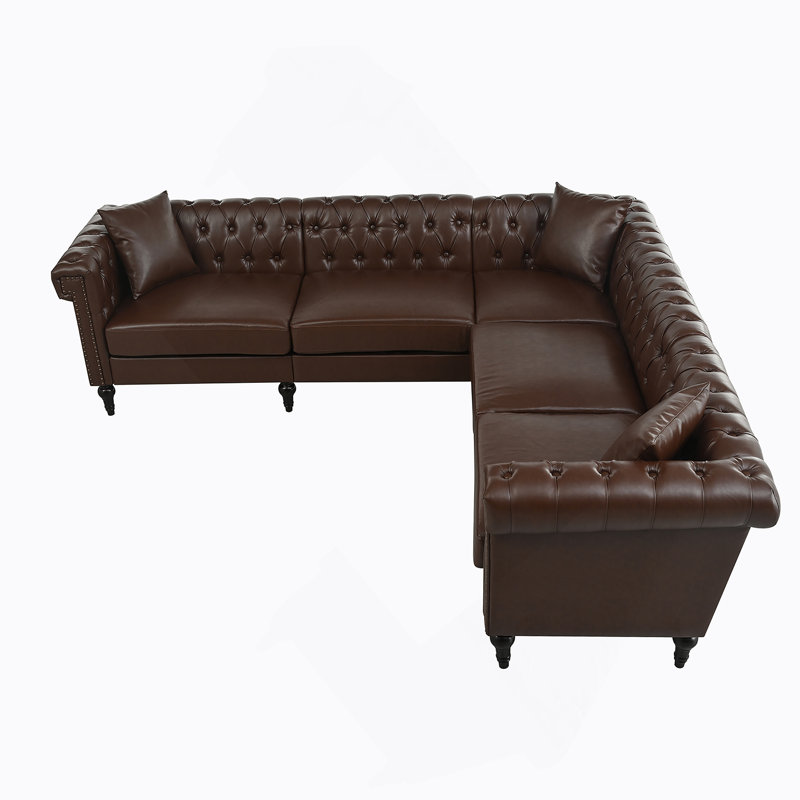 Canapé modulaire réversible en L Chesterfield avec accoudoirs roulés, têtes de clou et capitonnage, Marron foncé