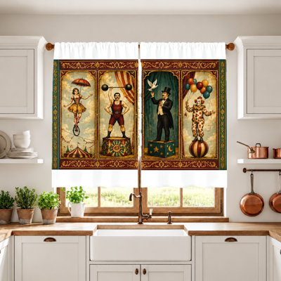 2Pcs Circus Performance Curtains, light filtering fabric, vintage and vibrant theme print, artwork, sunshade privacy protection, rod-pocket design, suitable for living room, bedroom, balcony, kitchen home decoration
