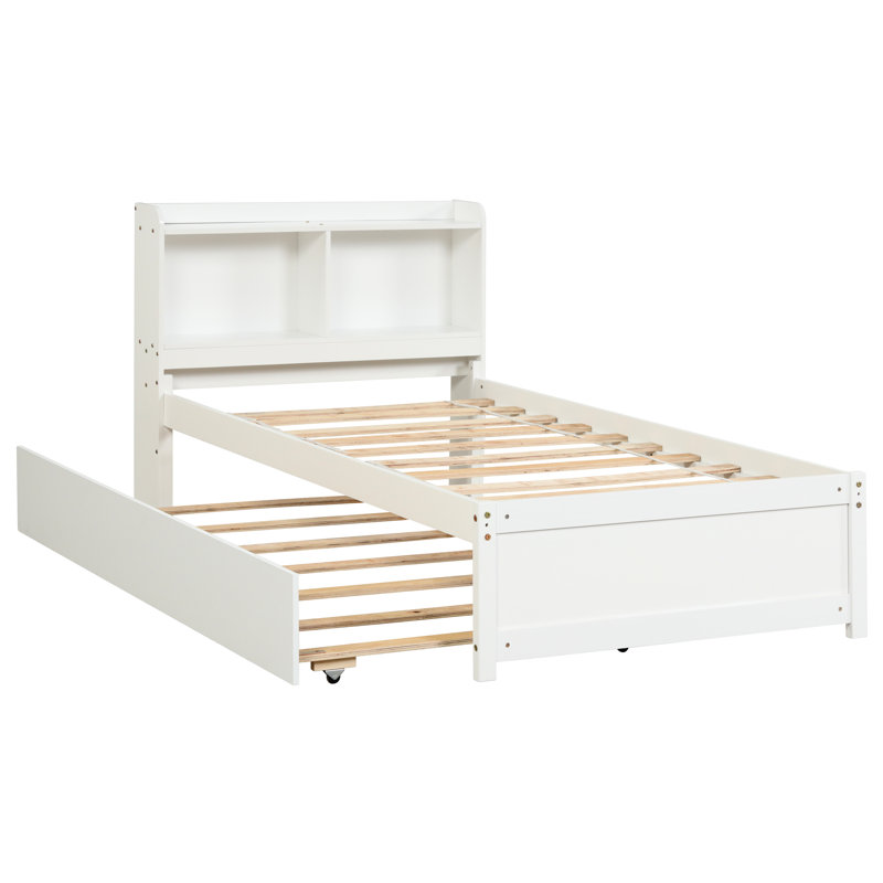 Lit simple avec bibliothèque et lit gigogne en blanc - Compartiments de rangement élégants pour la chambre à coucher, Twin
