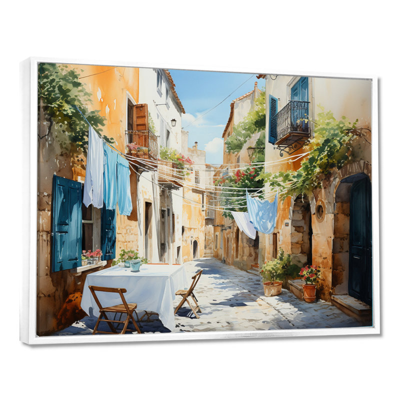 Jour de lessive en Italie I - Art mural, H 12 po x l 20 po x P 1 po, Cadre flottant blanc