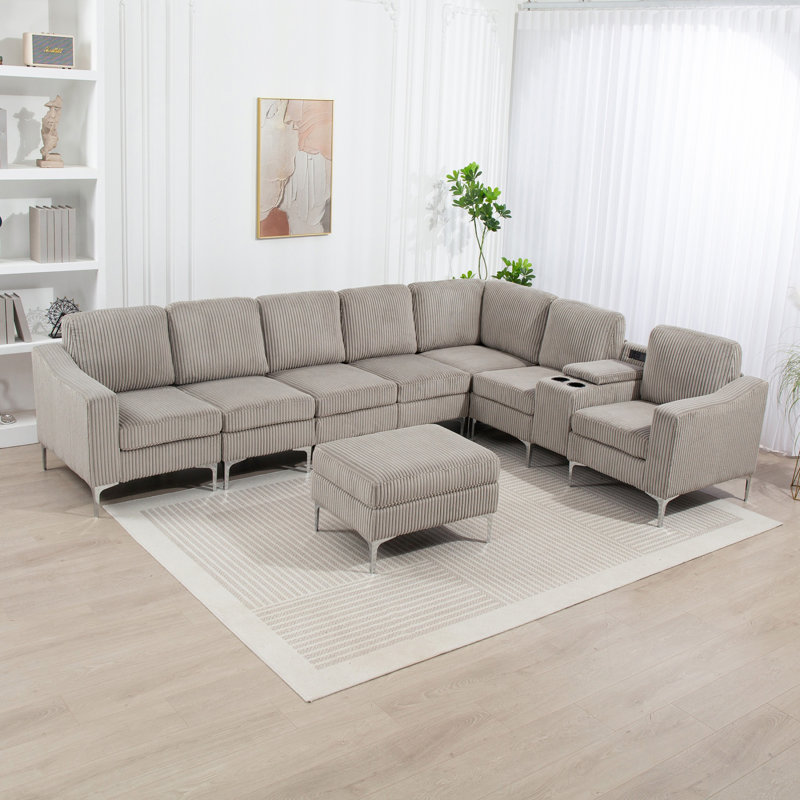 Canapé modulaire convertible en velours côtelé avec repose-pieds, porte-gobelets et ports USB pour salon et appartement, gris