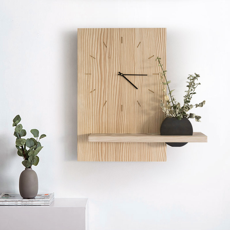 Horloge murale Japonaise en bois naturel avec vase noir Decor