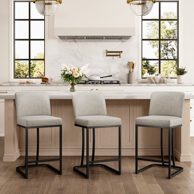 Romilio 24″ Upholstered Light Gray Counter Stool with Faux Leather for Kitchen & Dining (Set of 3), Black, Light Gray
