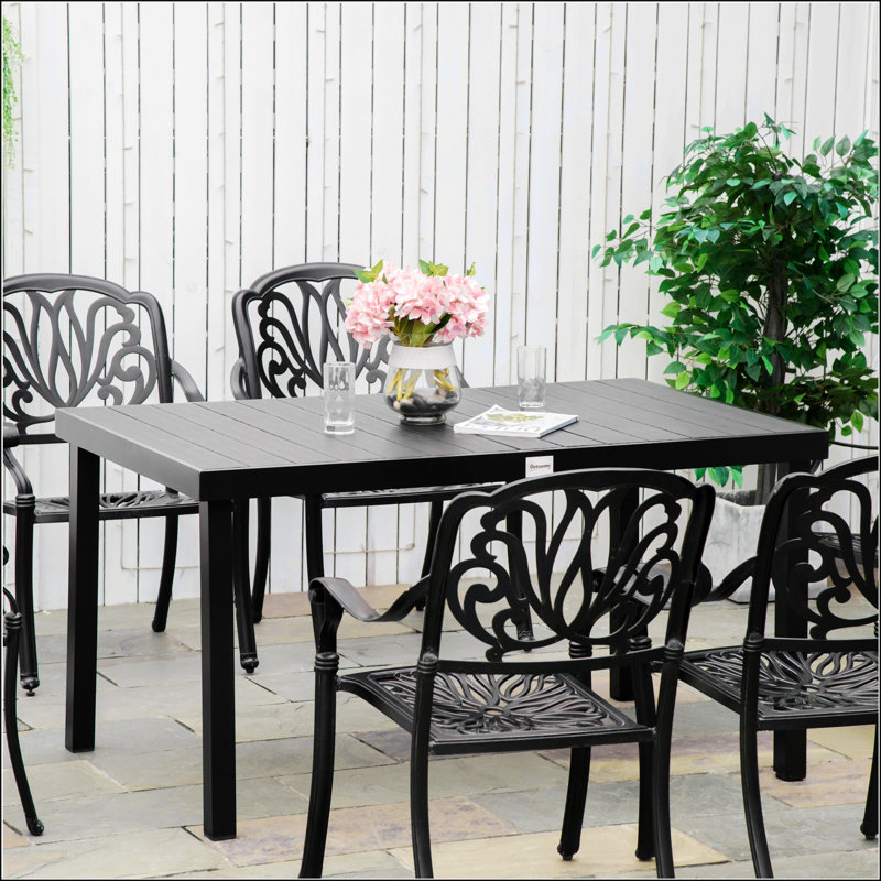 Outsunny 6-Person Rectangular Outdoor Dining Table, Waterproof Woodgrain With Aluminum Legs For Patio And Garden, Black
