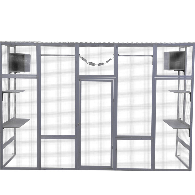 Grey Wooden Cat Enclosure With 6 Jumping Platforms, 2 Condos, Bridge And Scratching Boulder Large Bridge, Board & Waterproof Roof,