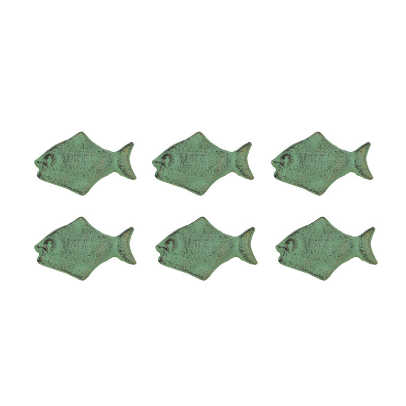 Poignées de tiroir en fonte, finition vert-de-gris et or, motif poisson, lot de 6, largeur 5,7 cm