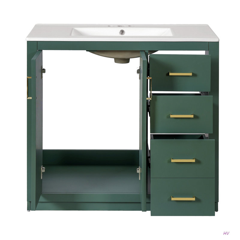 Ensemble de meuble-lavabo 36 po avec lavabo en céramique, armoire de rangement en bois massif, ensemble de meuble-lavabo autoportant avec 3 tiroirs et portes à fermeture douce