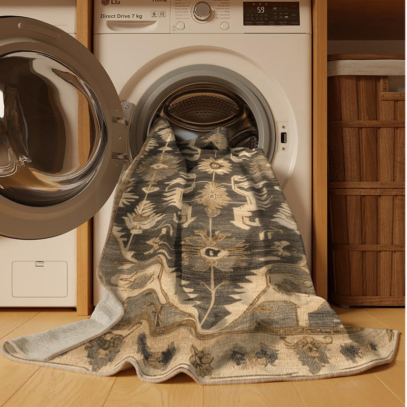 Tapis art déco brun lavable à la machine, Carré 7 pi