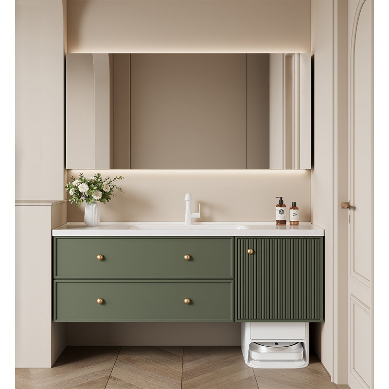Meuble-lavabo en bois d'hévéa de style français avec lavabo en céramique