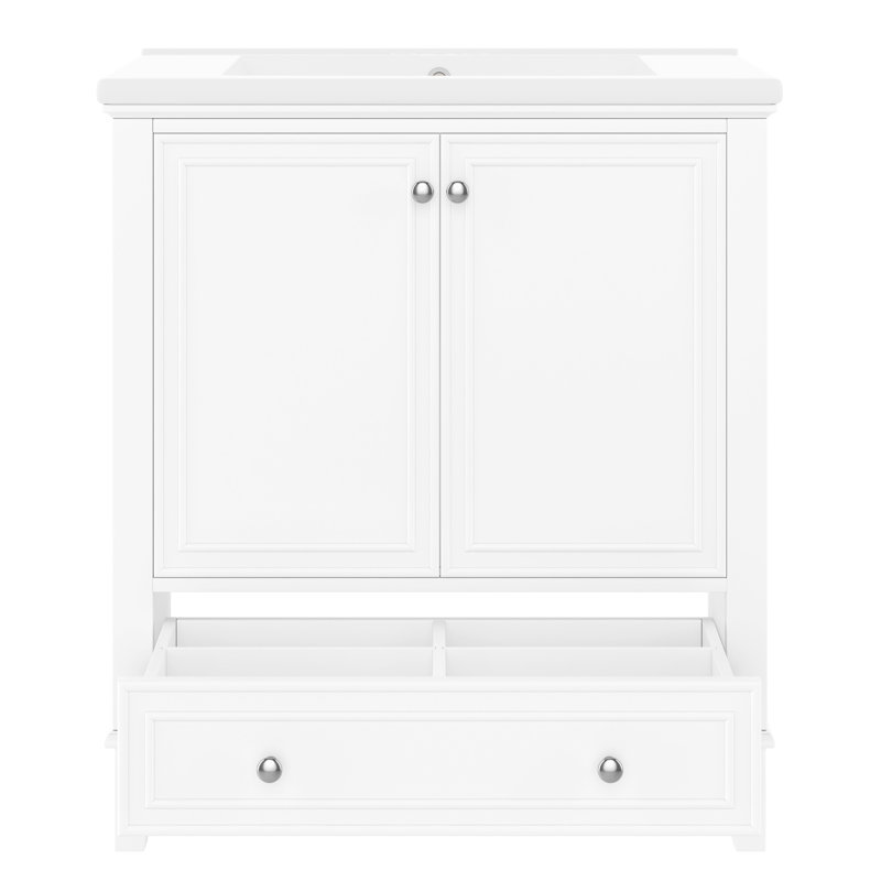 Meuble-lavabo de 30 po avec tablette, meuble-lavabo élégant en bois massif et céramique blanche, portes, tablette réglable avec tiroir