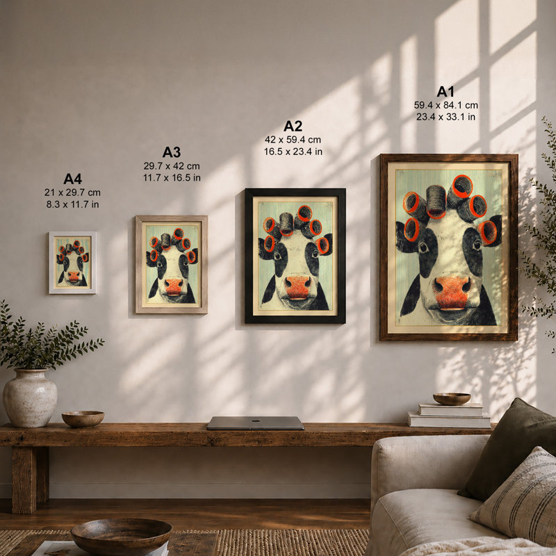 Quirky Cow Portrait Eclectic - Print, A4 - 29.7 x 21.0 cm, Walnut
