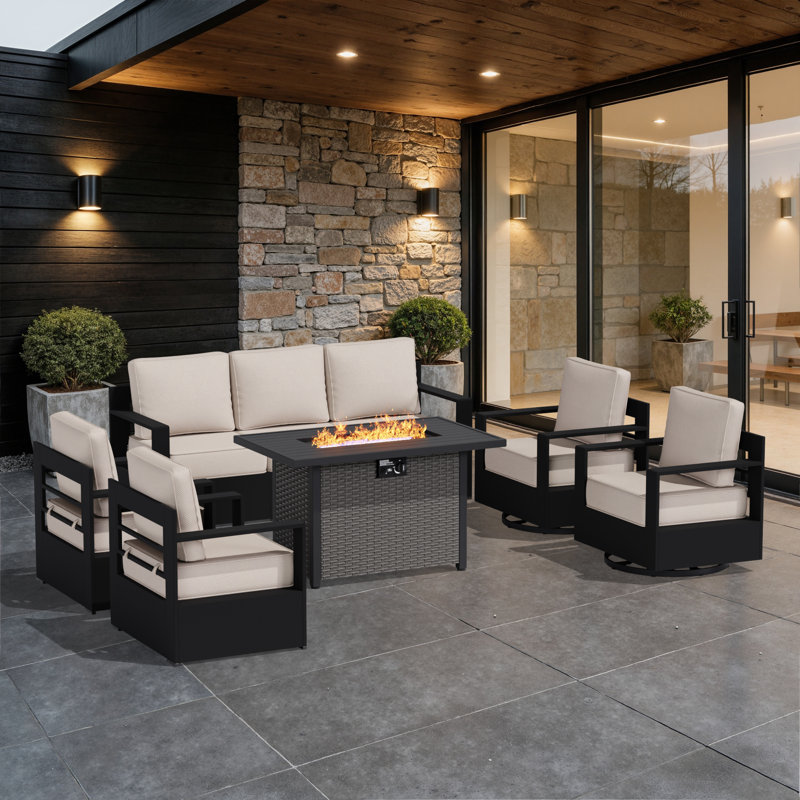 Ensemble de foyer d'extérieur moderne en aluminium pour 7 personnes Abdullah, canapé 3 places, 2 fauteuils pivotants et 2 avec coussins gris