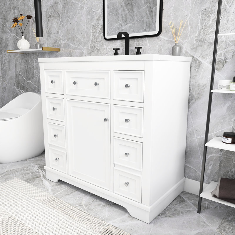 Meuble-lavabo simple autoportant 36 po avec plateau en céramique Matie, Blanc