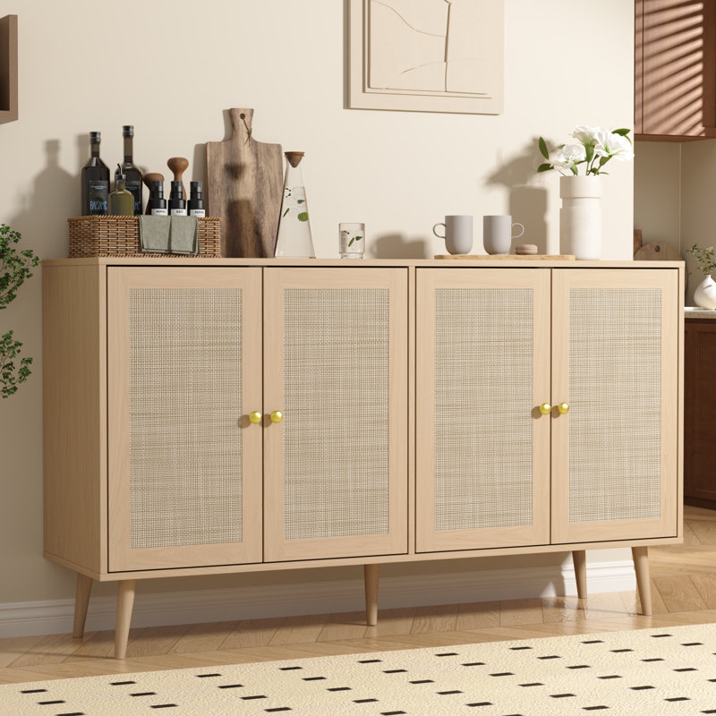 Buffet en rotin avec portes, grande armoire de rangement pour buffet de 55 po, armoire d'appoint Boho, café moderne Mid Century pour la cuisine, le salon, le vestibule, le chêne