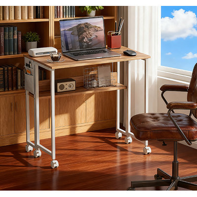 Folding Computer Desk,With 360° Swivel Wheels, Shelf For Small Spaces