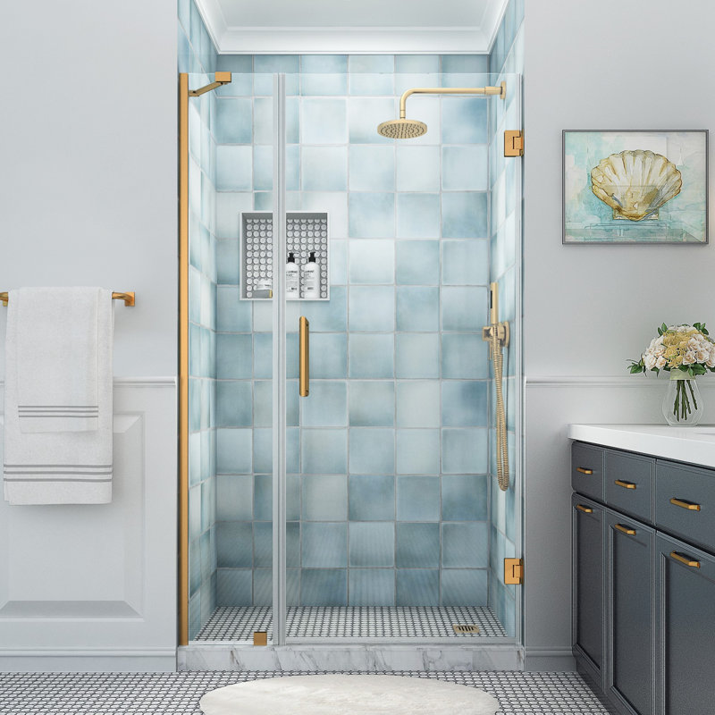 Belmore XL 45.25 - 46.25 in. x 80 in. Frameless Hinged Shower Door with Ultra-Bright Glass, Brushed Gold, Clear Glass