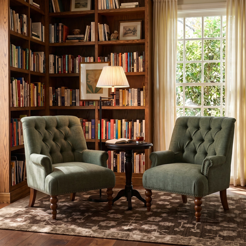 Plath 31"W Transitional Floral Rolled Arm Chair with Nailhead Trim, Moss