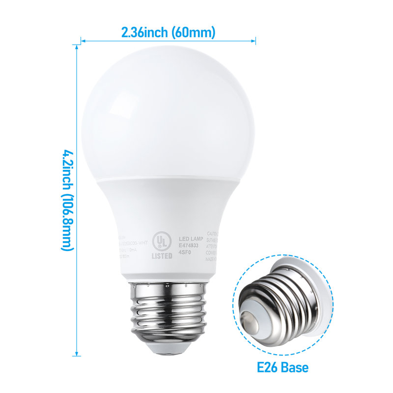A19 LED Light Bulbs, UL Listed, Dimmable, 5000K Daylight, E26 Base, Flicker Free