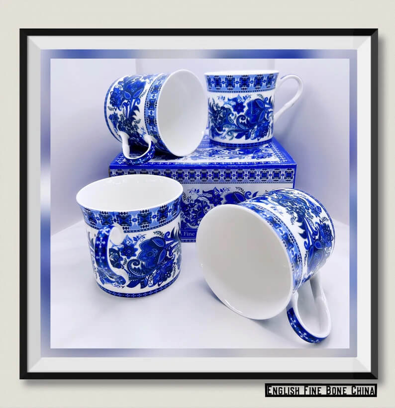 INDIA BLUE Large Fine Bone China Set Of 4 Cups