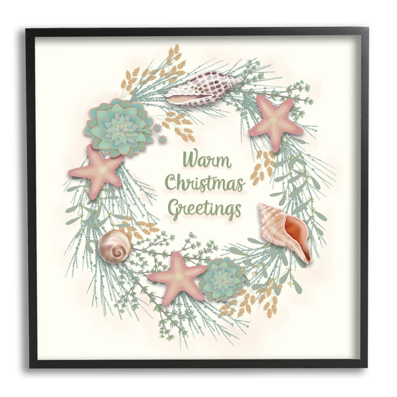 «Warm Christmas Greetings», coquille de plage, thème, couronne noire, estampe numérique, art texturé par Darlene Seale