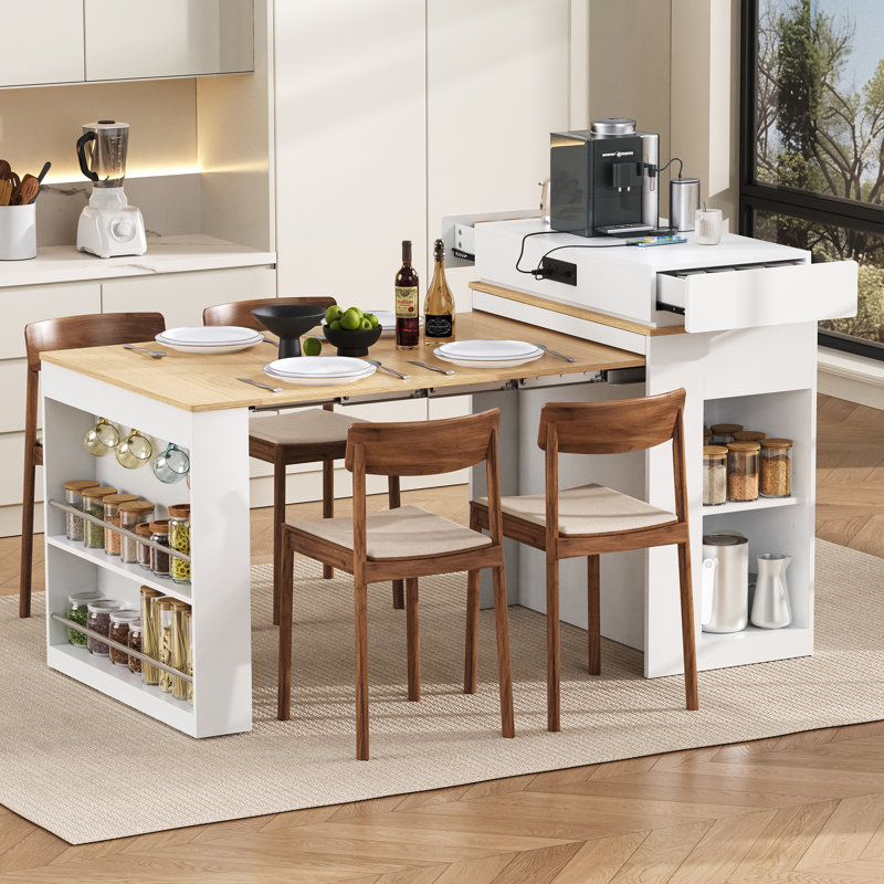 58" Modern Extendable Kitchen Island & Folding Dining Table with Power Outlet and Glass Cabinet, Creamy White+Natural