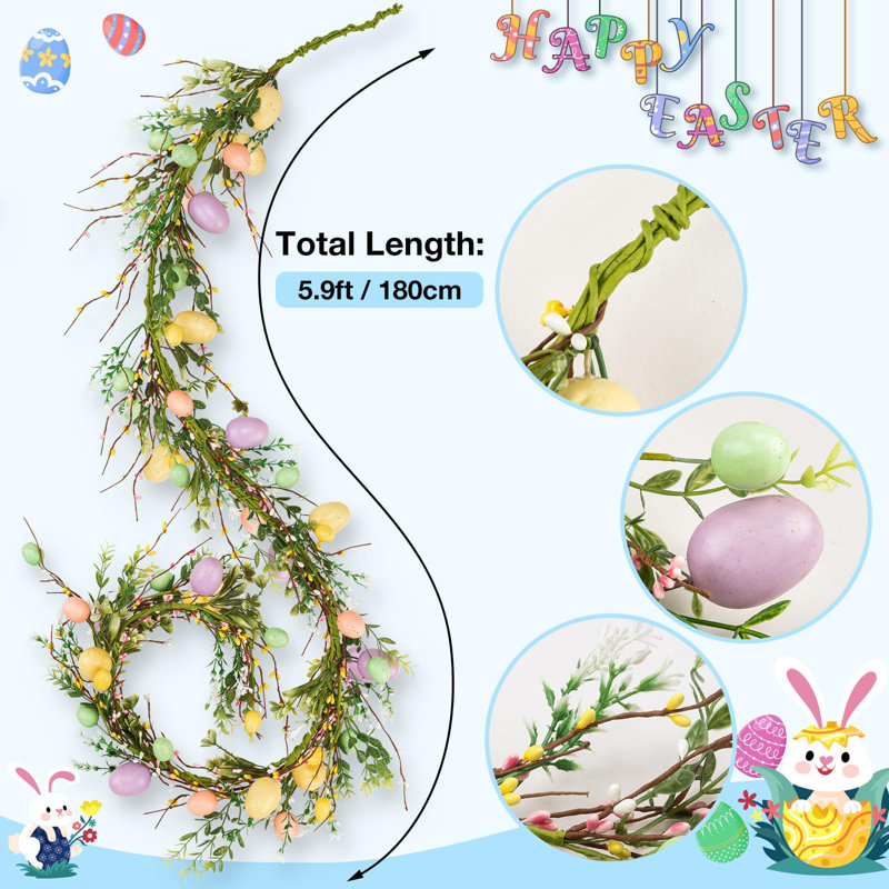6FT Artificial Easter Egg Garland with 29 Pastel Eggs, Rustic Spring Vine with Flowers and Leaves