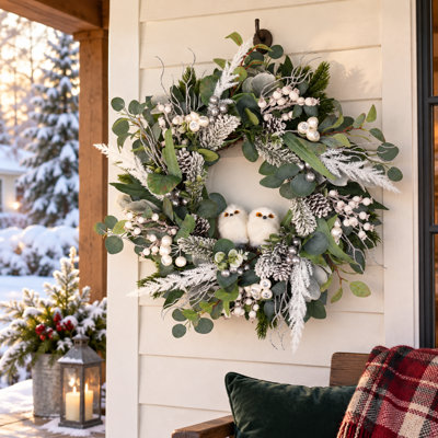Couronne de Noël 24 po pour porte d'entrée avec décor de hibou, pomme de pin et couronne de Noël à feuilles persistantes
