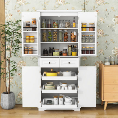 Kitchen Pantry Cabinet with 2 Drawers, 6 Door Shelves, Adjustable Shelves and 3 Pull-Out Organizers