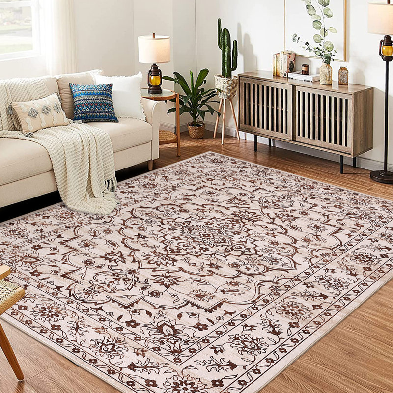 Tapis floral ultra-mince rectangulaire lavable à la machine Almine, Rectangle 5 pi x 7 pi