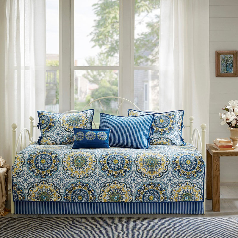 Blue Reversible Daybed Cover - 6 Piece, With Striped Reverse And Medallion Print, Fits Twin Mattress, Includes Cover, , 3 Shams, 1 Decorative Pillow, Machine Washable Piece Reversible, Print Back,