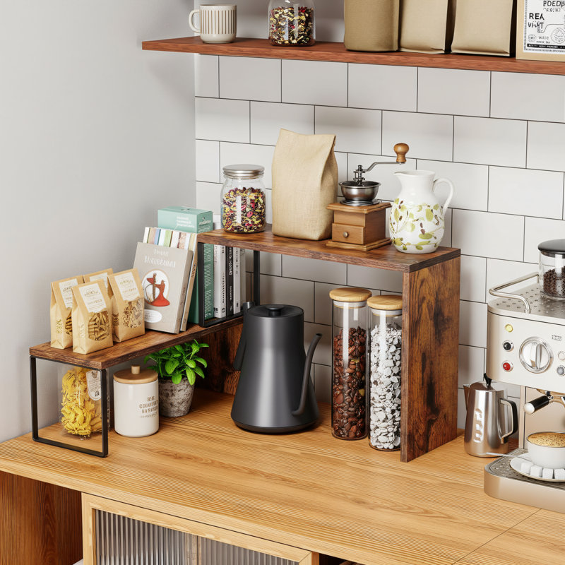 Ce support de rangement de coin empilable en bois brun rétro convient aux comptoirs de cuisine, aux armoires, aux salles de rangement et aux coins café. C'est un support à épices multifonctionnel.