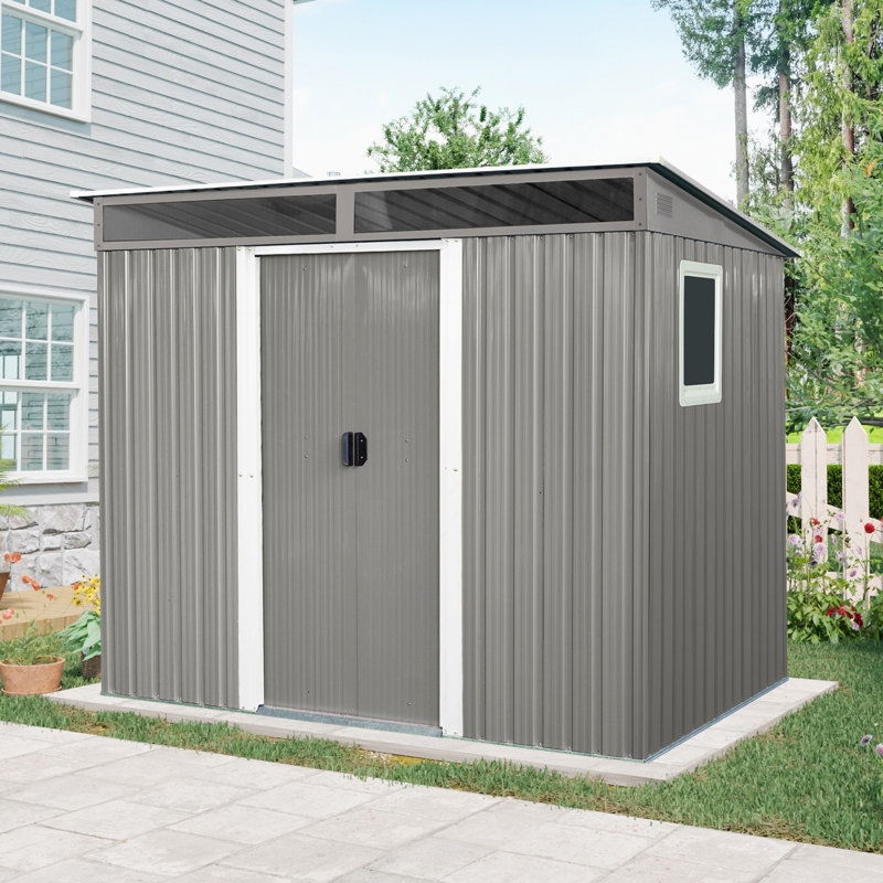 8x6 Metal Outdoor Storage Shed With Window And Transparent Plate Gray