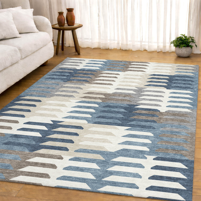 Premium Machine Washable Mayfield AMF2328 Geometric Rug, Denim, 10' x 14'