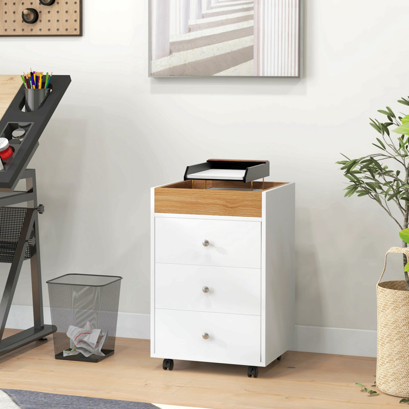 3 Drawer Home Office Storage Cabinet, Office Drawer on Wheels with Removable Tray, Under Desk Printer Stand with Storage, White