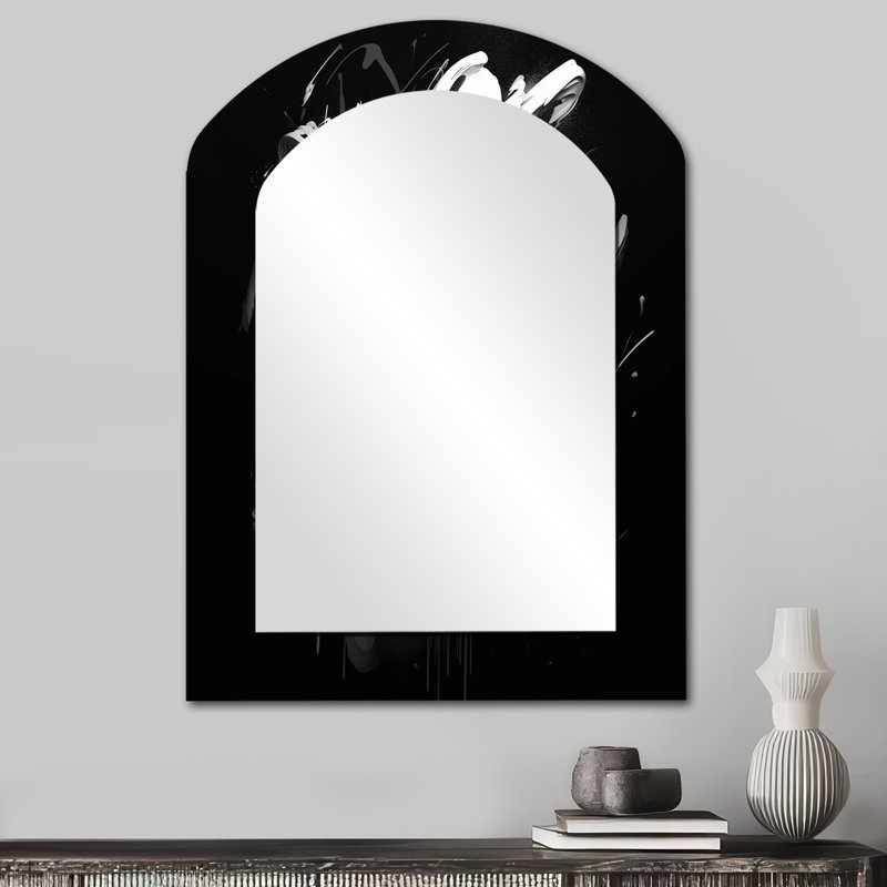 Exploring The Depths Of Black Marble VIII - Geometric Arch Mirror, Black Asymmetrical Unique Wall Mirror, Printed Metal Art