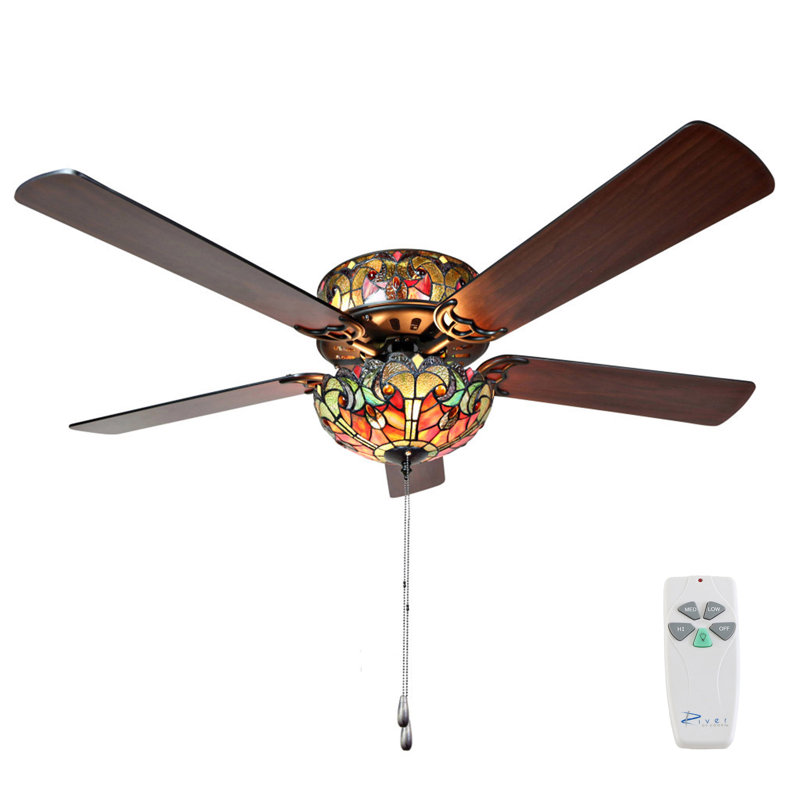 52"W Ummuhan 5 - Blade Hand-Soldered Stained Glass Ceiling Fan with Pull Chain, Spice