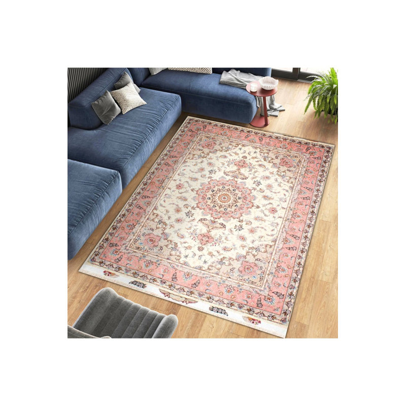 Tapis beige lavable à la machine à motif floral beige, Rectangle 2 pi 4 po x 3 pi 11 po