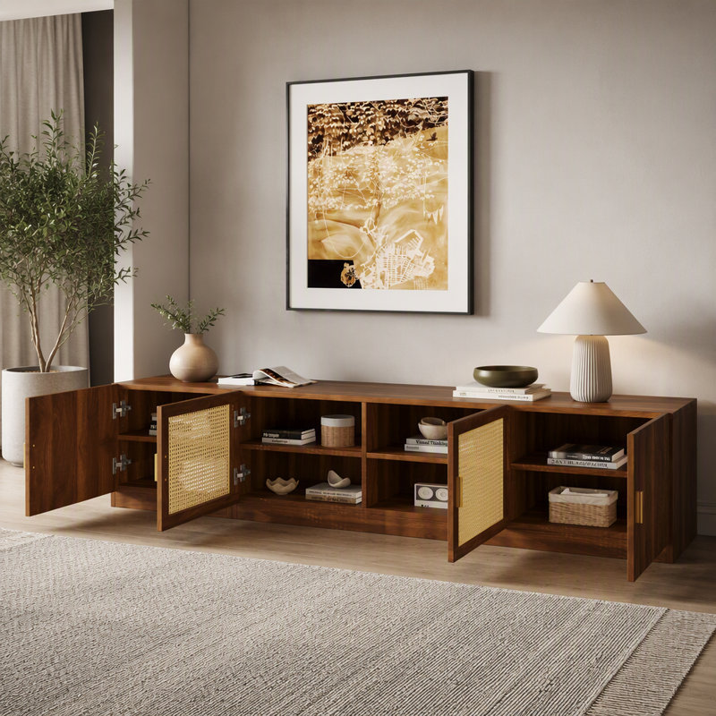 Meuble télé 78 po Mid-Century pour téléviseur de 85 po ou moins, console multimédia à porte cannelée en rotin avec tablettes réglables et trous pour câbles, centre de divertissement rétro pour la chambre à coucher du salon