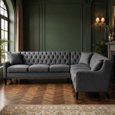 L-Shaped Corner Sectional Sofa, Mid-Century Modern Chesterfield with Button-Tufted Back and Nailhead Trim, Sturdy Reinforced Frame, Stain- and Scratch-Resistant, Pet-Friendly, Supportive Comfort for Living Room