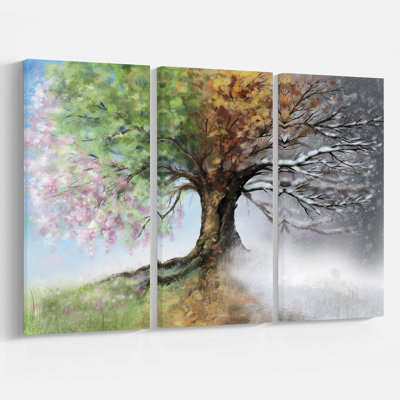 Tree With Four Seasons by Designart - 3 Piece Wrapped Canvas Graphic Art