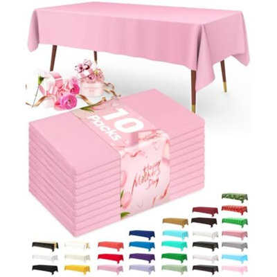 Plastic Table Cloth Disposable 10 Pack, 54 x 108 Inch Table Cloths, Easter Party, Valentines, Mothers Day Decorations, Tablecloths, Rectangle, Pastel Plastic Cover, Leakproof & Sturdy, Pink