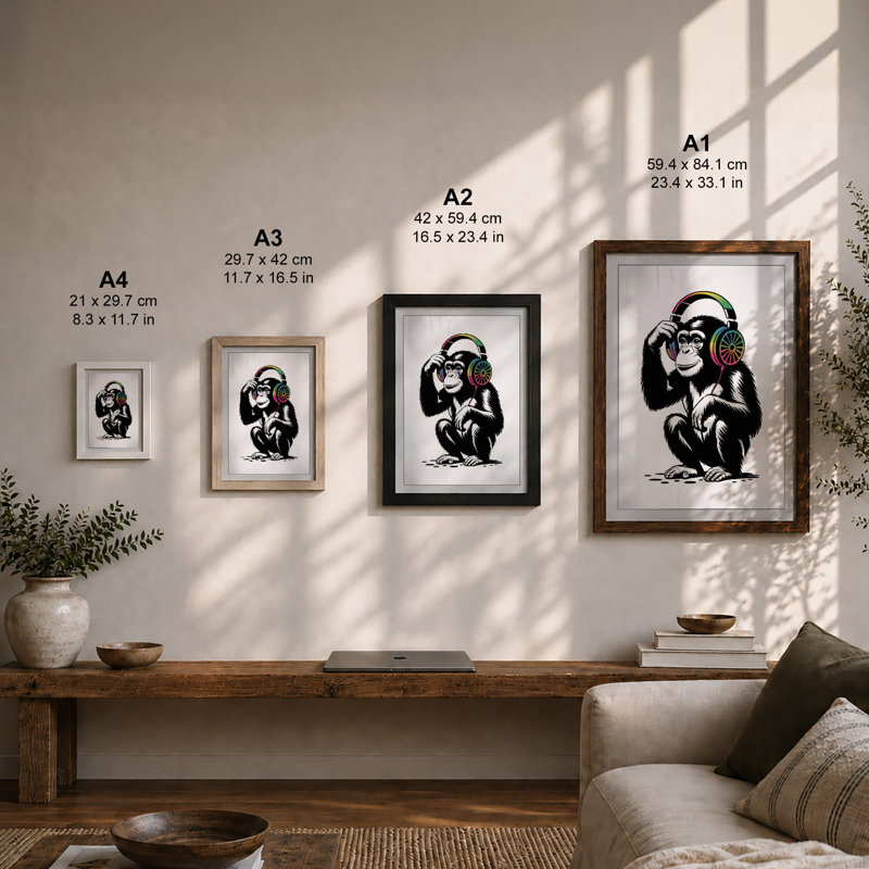 Chimp in Headphones Modern - Framed Print, A4 - 29.7 x 21.0 cm, White