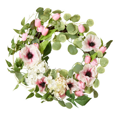 Couronne artificielle de 22 pouces avec hortensias, tulipes et fleurs d'eucalyptus, décoration florale réaliste pour la porte d'entrée ou la décoration intérieure
