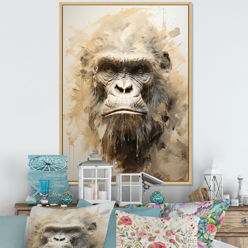 Portrait d'un gorille beige sur toile, Cadre naturel flottant, H 32 po x l 24 po